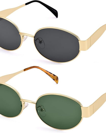 Retro Oval Sunglasses for Women Men - Trendy Gold Sun Glasses - Fashion Metal Frame Shades