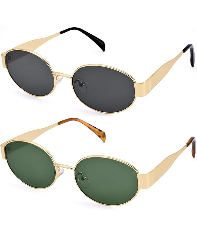 Retro Oval Sunglasses for Women Men - Trendy Gold Sun Glasses - Fashion Metal Frame Shades