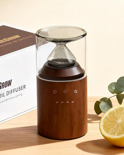 Waterless Nebulizing Essential Oil Diffuser, Real Glass and Solid Wood Portable Rechargeable Aroma Diffuser for Home Office Car, Luxury Gift Set with 10ml Lemon Oil