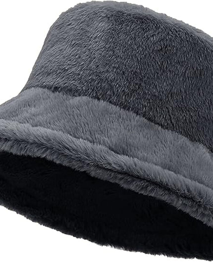 Women Plush Fluffy Bucket Hat Warm Lining Winter Faux Fur Cozy Wide Brim Winter