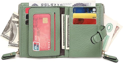 AOXONEL Women's Wallets Leather Wallets for Women Rfid Small Ladies Wallet Billfolds for Women,Trifold Mini Wallets for Women with Double Zipper Coin Pocket (Green)