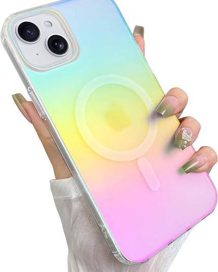 Cute Case for iPhone 14 Plus & iPhone 15 Plus Case for Women Girls [Compatible with Magsafe] Aesthetic Girly Glitter Rainbow Magnetic Protective Phone Cover, Translucent Iridescent Blue Pink