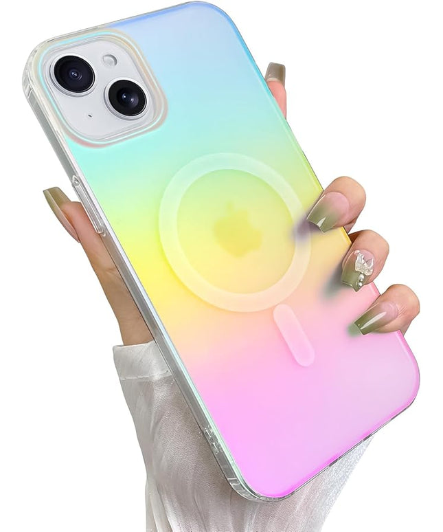 Cute Case for iPhone 14 Plus & iPhone 15 Plus Case for Women Girls [Compatible with Magsafe] Aesthetic Girly Glitter Rainbow Magnetic Protective Phone Cover, Translucent Iridescent Blue Pink