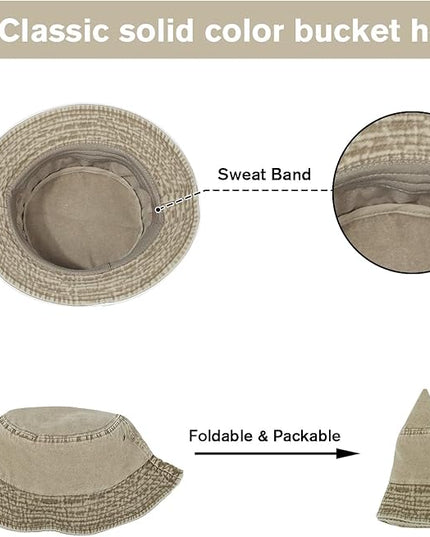 kozinu Washed Cotton Bucket Hats Packable Summer Outdoor Cap Travel Beach Sun Hat Plain Colors for Men Women