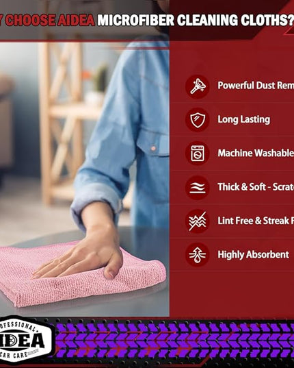 AIDEA Microfiber Cleaning Cloth Pink 10PK, Microfiber Towels for Cars, Premium Car Cloths, Dusting Cloth Lint Free Cleaning Rags for SUVs, House, Kitchen, Window, Workshops,12×12"