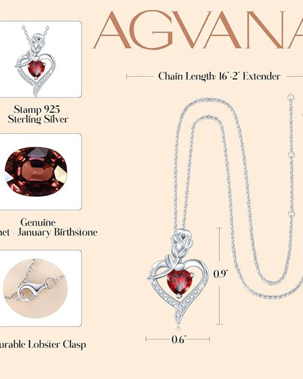AGVANA Christmas Gifts Rosy Reverie Birthstone Necklace for Women Sterling Silver Genuine or Created Gemstone Rose Flower Heart Pendant Necklace Anniversary Birthday Gifts for Women Mom Wife Her