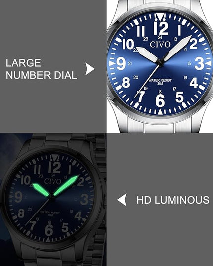 CIVO Analog Wrist Watches for Men: Waterproof Stainless Steel Mens Watches - Silver Watch with Easy Read Dial Men's Watch for Gift