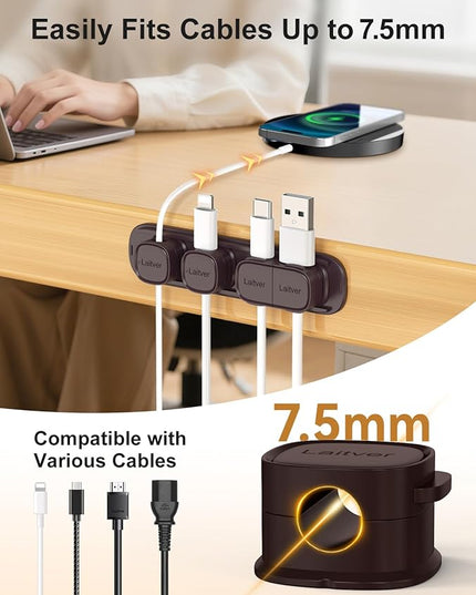 6 Pack Magnetic Cable Clips [1s Open/Lock], Laitver Cord Organizer Holder Strong Adhesive Desk Cable Management- Organize Charging Cords Neatly for Home, Office, Car,Desk, Nightstand-Bronze