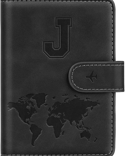 Passport Holder Wallet Cover Personalized Letter A-Z Travel Wallet RFID Blocking Passport Cover Wallet Case for Travel Passport Book Holders for Women and Men, Black-J