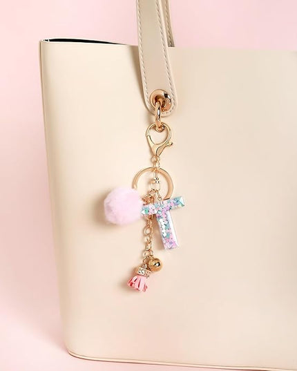 Resin Alphabet Initial Letter Keychain Keyring for Women Purse Handbags With Fur Ball Pom