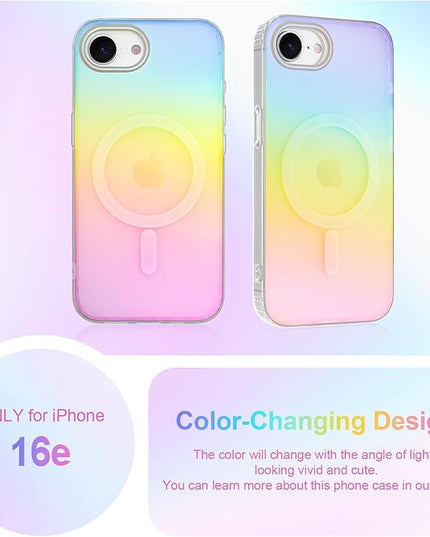 Cute Case for iPhone 16e Case for Women Girls [Compatible with Magsafe] Aesthetic Girly Glitter Bling Rainbow Magnetic Protective Phone Cover, Translucent Iridescent Blue & Pink