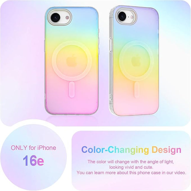 Cute Case for iPhone 16e Case for Women Girls [Compatible with Magsafe] Aesthetic Girly Glitter Bling Rainbow Magnetic Protective Phone Cover, Translucent Iridescent Blue & Pink