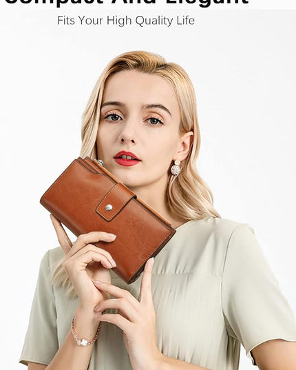 BOSTANTEN Womens Leather Wallets RFID Blocking Large Capacity Credit Cards Holder Phone Clutch Brown Orange