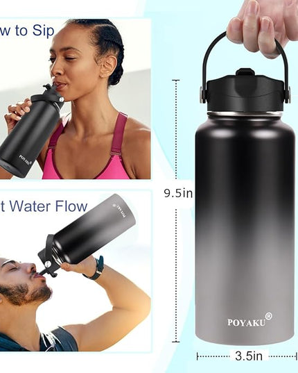 Water Bottle Insulated 32oz 40oz 64oz 128oz Straw Lid Spout Lid & 3 Lids, Leak Proof, Vacuum Insulated,Stainless Steel Water Bottle Wide Mouth for Sports, Gym or Office