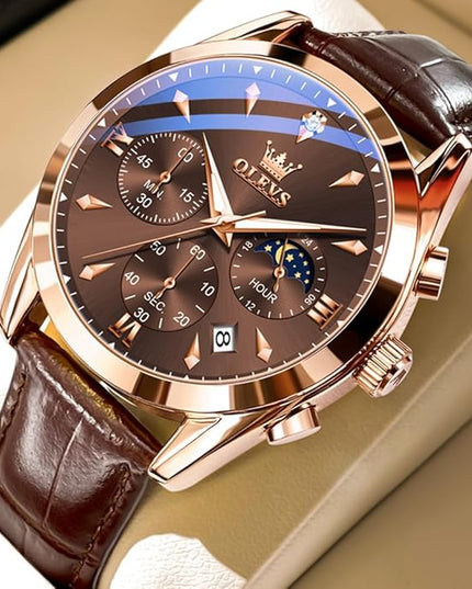 OLEVS Men's Watches Leather Strap Analog Quartz Watch, Fashion Big Dial Date Waterproof Watch, Dress Luxury Luminous Men Watches