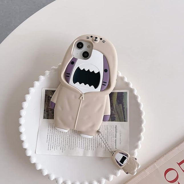 Case Compatible with iPhone 15 Pro,Cute 3D Kawaii Funny Sweater Shark Cartoon Cover with Keychain Soft Silicone Gel Drop Protector Women Girls