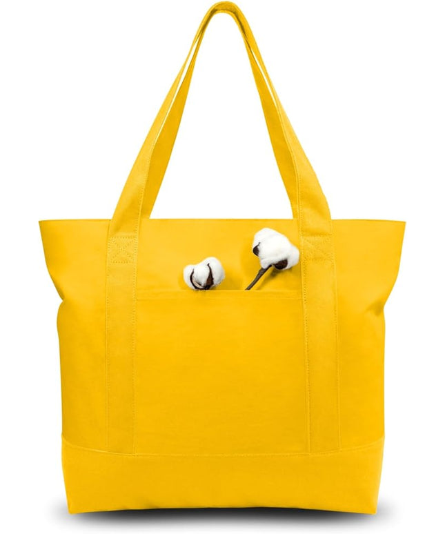 TOPDesign 1-Pack Canvas Tote Bags with an External Pocket, Reusable Grocery Shopping Bags, Top Zipper Closure, Daily Essentials (Yellow)