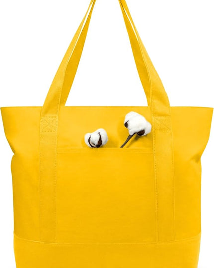 TOPDesign 3-Pack Canvas Tote Bags with an External Pocket, Reusable Grocery Shopping Bags, Top Zipper Closure, Daily Essentials (Yellow)