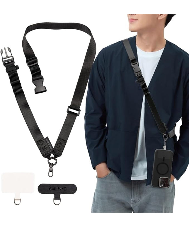 25mm Crossbody Phone Lanyard, Anti-Theft Crossbody Phone Strap for iPhone 16 Pro Max and Most Smartphones, Cell Phone Neck Lanyard w/ 2 Non-Adhesive Tether Tabs for Men and Women, Black