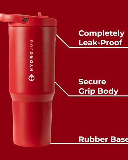 HydroJug Sport - Stainless Steel Tumbler with Straw, Vacuum Insulated, 40oz Leakproof Water Bottle, Ergonomic Design, Reusable, Dishwasher Safe, Rubber Base, Durable for Gym or Outdoors, Alumni Red