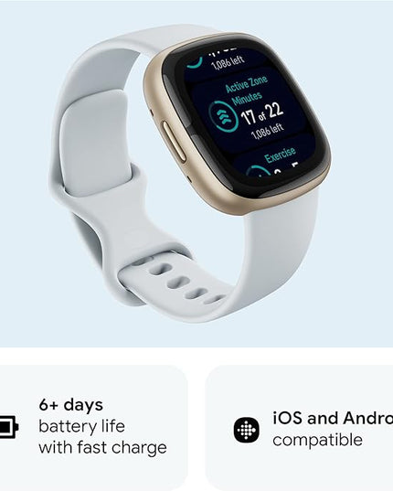 Fitbit Sense 2 Advanced Health and Fitness Smartwatch with Tools to Manage Stress and Sleep, ECG App, SpO2, 24/7 Heart Rate and GPS, Blue Mist/Pale Gold, One Size (S & L Bands Included)