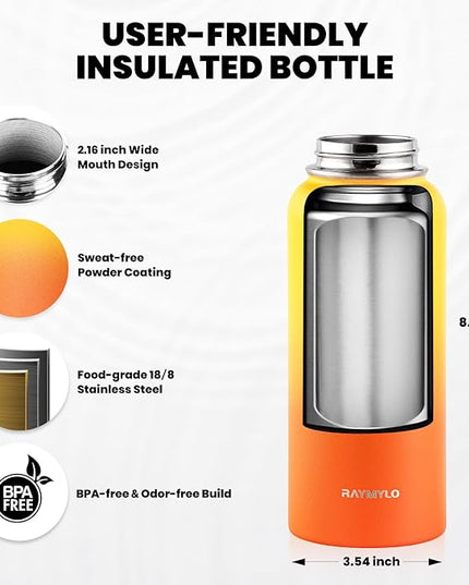 Insulated Water Bottle 32 oz, Triple Wall Vacuum Stainless Steel (Cold for 48 Hrs), Leak Proof & Non-BPA, Modern Water Flask Jug with Paracord Handle & Straw Spout Lids, Ombre Orange