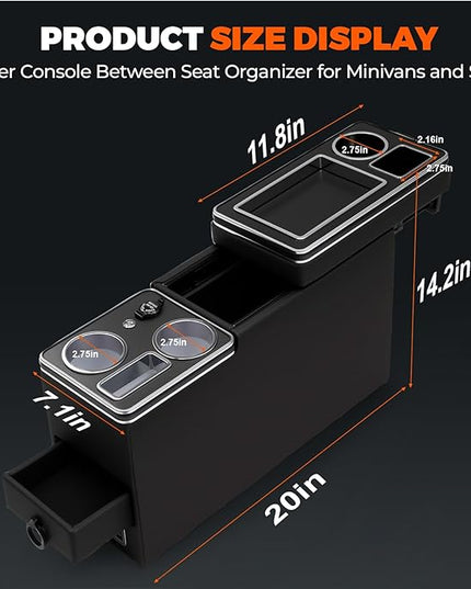 Center Console Between Seat Organizer for Minivans,SUVs,with Dual USB charging at the front and back,ambient lighting and drawers for Minivan&SUVs, Middle Van Floor Console Organizer Storage Box Black