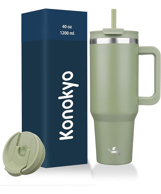 40 oz Tumbler with Handle and 2 Straws,2 in 1 Lid Insulated Water Bottle Stainless Steel Travel Coffee Mug,Army Green
