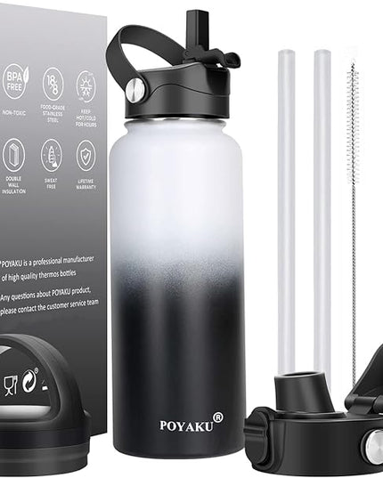 Water Bottle Insulated 32oz 40oz 64oz 128oz Straw Lid Spout Lid & 3 Lids, Leak Proof, Vacuum Insulated,Stainless Steel Water Bottle Wide Mouth for Sports, Gym or Office