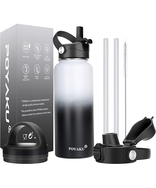 Water Bottle Insulated 32oz 40oz 64oz 128oz Straw Lid Spout Lid & 3 Lids, Leak Proof, Vacuum Insulated,Stainless Steel Water Bottle Wide Mouth for Sports, Gym or Office