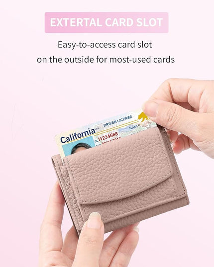 Plinvo Real Leather RFID Blocking Small Wallet for Women with Coin Pouch Trifold Mini Pocket Wallet with Cash Slot & Card Holders (Pink Mist)