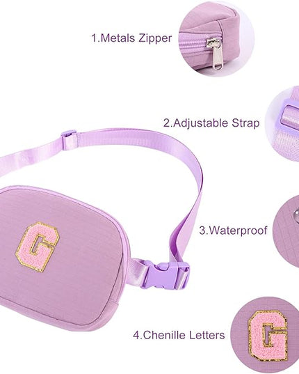 Glratn Initial Letter Patch Belt Bag Fanny Pack Crossbody Bag for Girls, Birthday Gifts for 4 5 6 7 8 9 10 11 12 13 Year Old Girls,Easter Purse Gifts for Teens Kids (Purple-I)