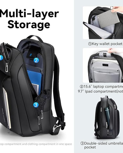 Muzee Business Backpack for Men, Travel Laptop Backpack Fits 15.6 Inch, Waterproof Expandable Bag 25L-35L, Black Work Daypack with USB & USB-C Charging Ports, Anti-Theft Pocket, Luggage Strap