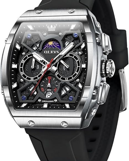 OLEVS Watches for Men Casual Luxury Large Face Multifunctional Chronograph Men's Watches Durable Silicone/Nylon Strap 3ATM Waterproof Men Watch Date Moon Phase Analog Quartz Watch Reloj para Hombre