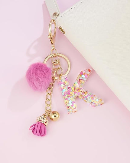 Resin Alphabet Initial Letter Keychain Keyring for Women Purse Handbags With Fur Ball Pom