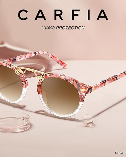CARFIA Small Face Acetate Polarized Sunglasses for Women UV Protection, Retro Double Bridge Eyewears Metal Brow Round Sunnies
