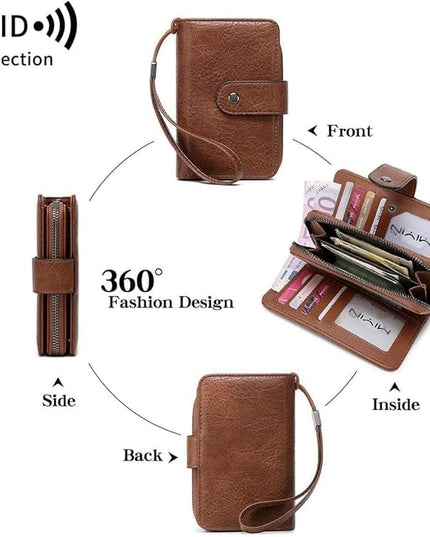 Genuine Leather Women's Wallet with Large Capacity Double Zip Around Design RFID Blocking Credit Card Holder and Wristlet Purse Black (Burgundy)