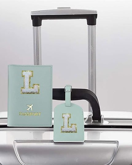 COSHAYSOO Green Passport Cover and Luggage Tag Set for Kids Teen Girls Women with Her Initial Letter, Fashionable Travel Bag Backpack Suitcase Identifier Gifts Teal L