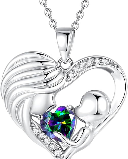 FANCIME Mom Birthstone Necklace Mother and Child Love Heart Necklace I Love You Mom Gifts Mothers Day Birthstone Jewelry Gifts for Grandmother Women Wife, 16"+2" Inches