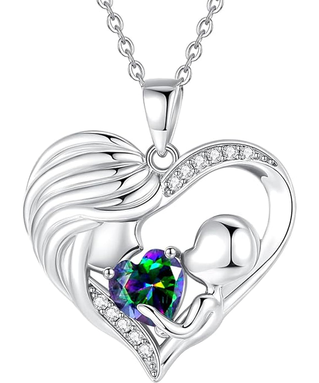 FANCIME Mom Birthstone Necklace Mother and Child Love Heart Necklace I Love You Mom Gifts Mothers Day Birthstone Jewelry Gifts for Grandmother Women Wife, 16"+2" Inches
