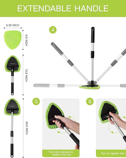 11pcs Windshield Cleaner Tool, Car Window Cleaning Wash Kit with 6 Reusable Microfiber Pads 2 Spray Bottles and Extendable Handles Auto Glass Wiper Kit, Green