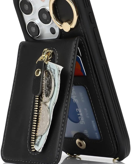 for iPhone 15 Pro Wallet Case with Card Holder, for iPhone 15 Pro Case Wallet with Strap Credit Card Slot, Crossbody Bag with Zipper Case for iPhone15 Pro - Black