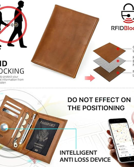 CONTACTS Full Grain Leather Passport Holder RFID Blocking Travel Passport Wallet Compatible with Airtag Passport Cover Case with 4 Cards Slots, Coin Pocket (Brown)