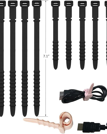 Silicone Zip Ties, Reusable Zip Ties, Rubber Cable Ties Straps for Wire Management, Elastic Silicone Ties Cable Organizer for Home Office, Black Cord Ties in Two Sizes 4.5" and 7.1" (5+5 Pcs Black)