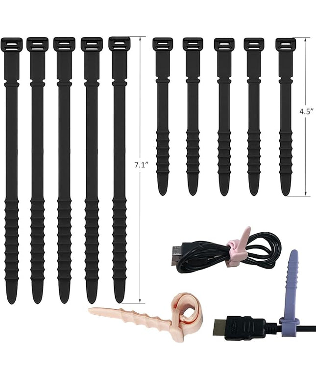 Silicone Zip Ties, Reusable Zip Ties, Rubber Cable Ties Straps for Wire Management, Elastic Silicone Ties Cable Organizer for Home Office, Black Cord Ties in Two Sizes 4.5" and 7.1" (5+5 Pcs Black)
