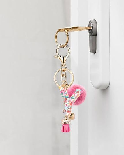 Resin Alphabet Initial Letter Keychain Keyring for Women Purse Handbags With Fur Ball Pom