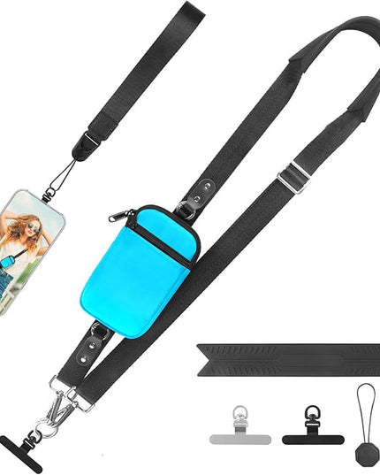 Clip and Go Strap for Phone With Wallet Crossbody (Detachable RFID Blocking Wallet) - Adjustable Phone Lanyard Crossbody with 360° Rotatable Tether Tabs for All Phones (Blue)