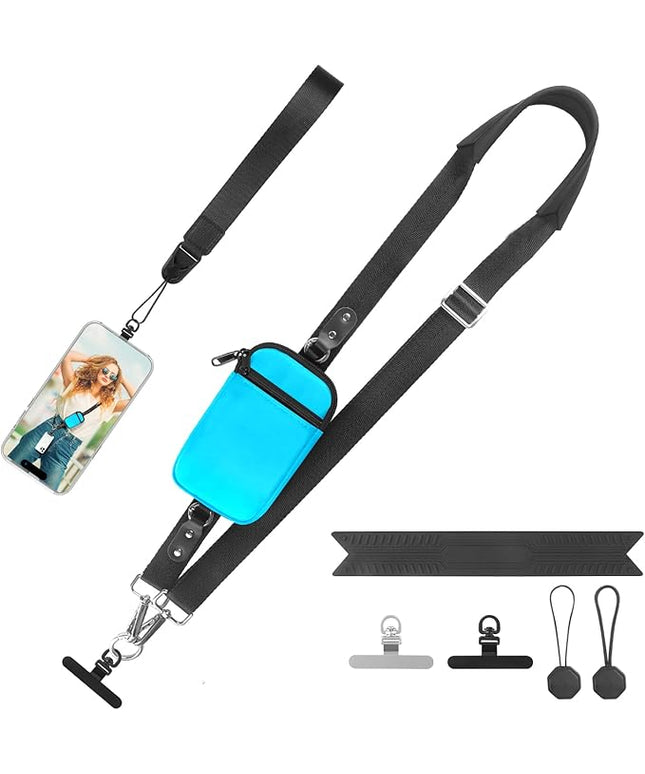 Clip and Go Strap for Phone With Wallet Crossbody (Detachable RFID Blocking Wallet) - Adjustable Phone Lanyard Crossbody with 360° Rotatable Tether Tabs for All Phones (Blue)