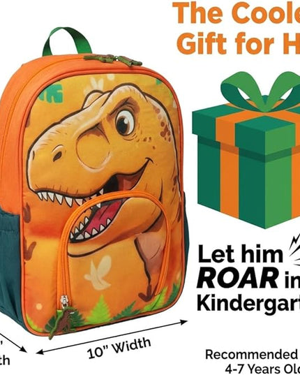Kids Backpack for Boys and Girls, Kindergarten School Bag with Chest Strap (Orange T-Rex, 14 Inch)