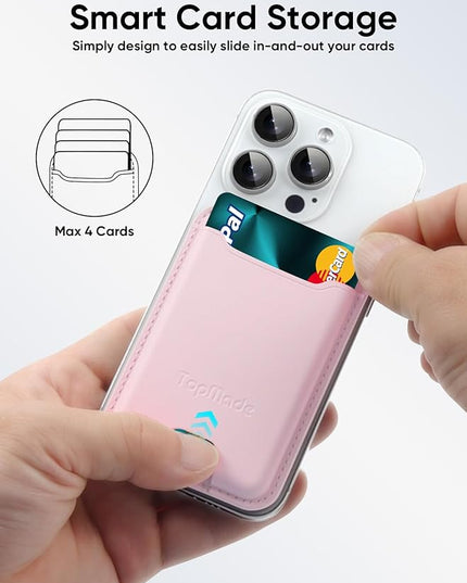TopMade Phone Card Holder, Premium Leather Phone Wallet Stick on, Stronger 3M Adhesive Credit Card Holder for Back of Phone Case, iPhone, Samsung, and Android, RFID Blocking, Fit 4 Cards, Pink